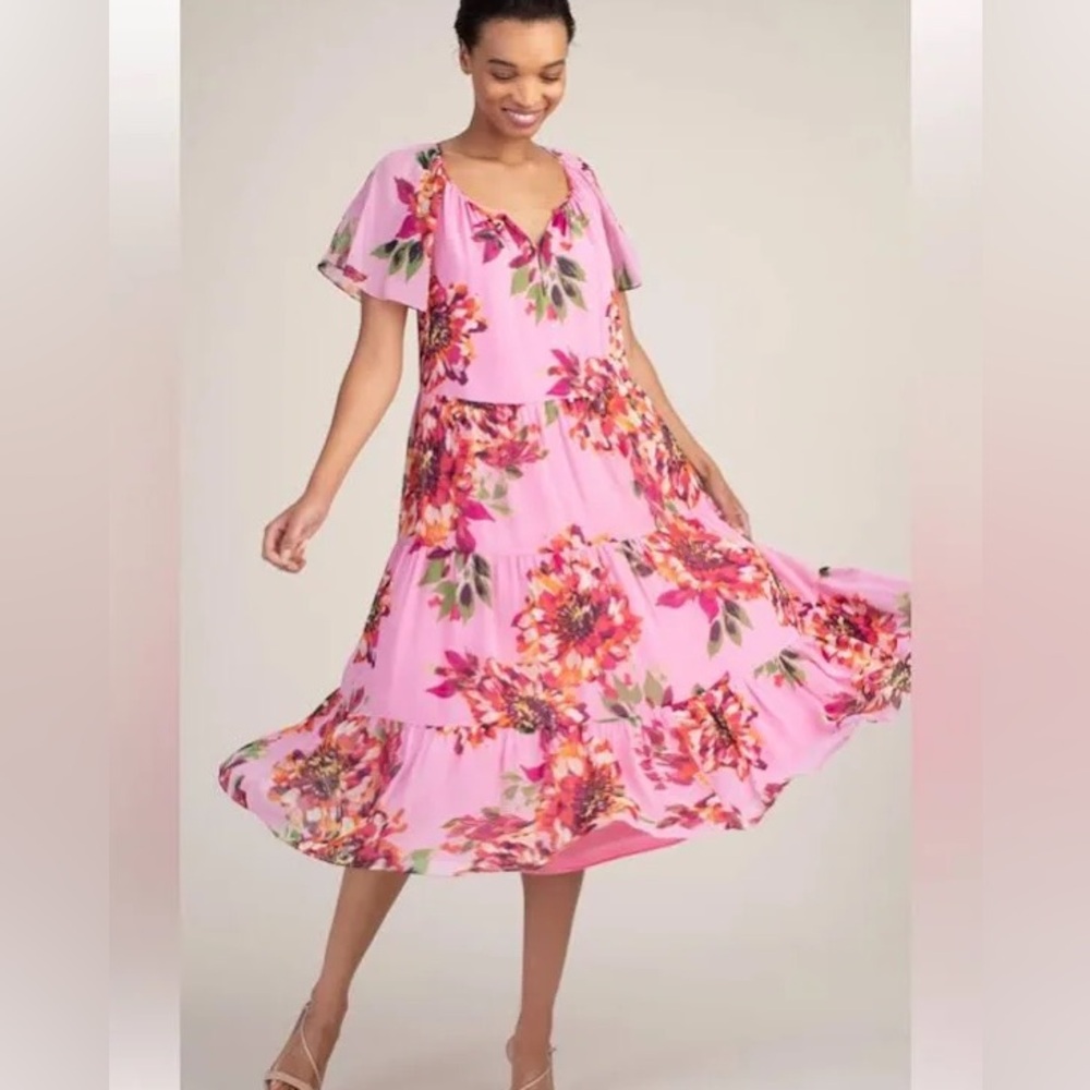 Trina Turk Floral Silk Tiered Midi Road Trip Pink A-Line Size Small Dress